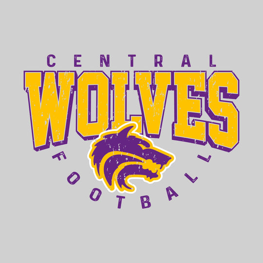 Central Wolves - Football - Distressed Text with Mascot and Arched Football