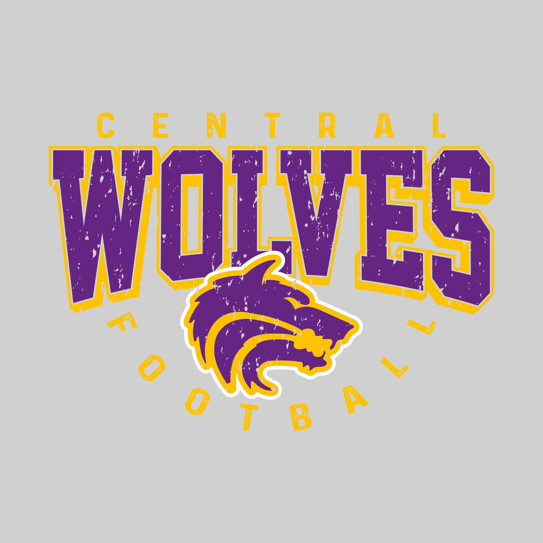 Central Wolves - Football - Distressed Text with Mascot and Arched Football