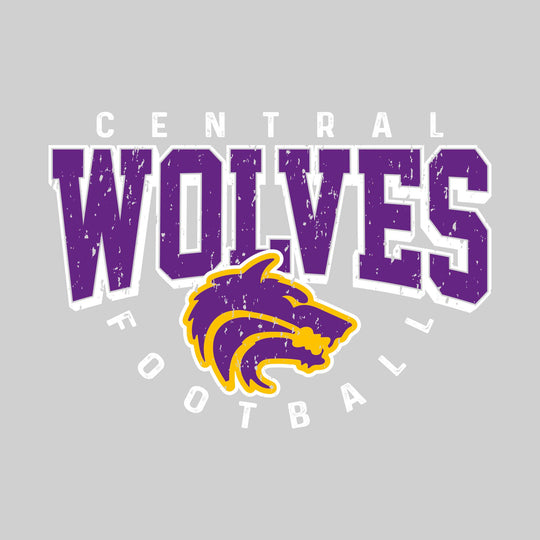 Central Wolves - Football - Distressed Text with Mascot and Arched Football