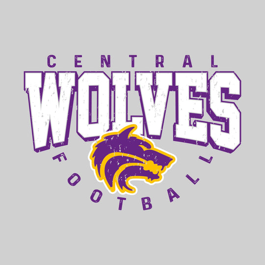 Central Wolves - Football - Distressed Text with Mascot and Arched Football