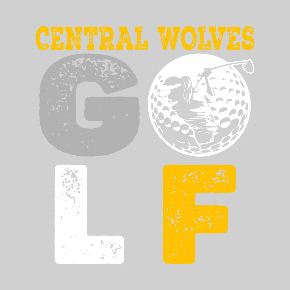 Central Wolves - Golf - Distressed Text with Female Golfer Silhouette in Golf Ball