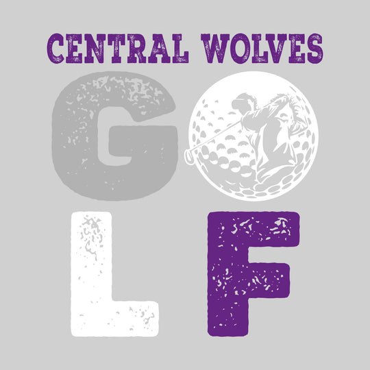 Central Wolves - Golf - Distressed Text with Male Golfer Silhouette in Golf Ball