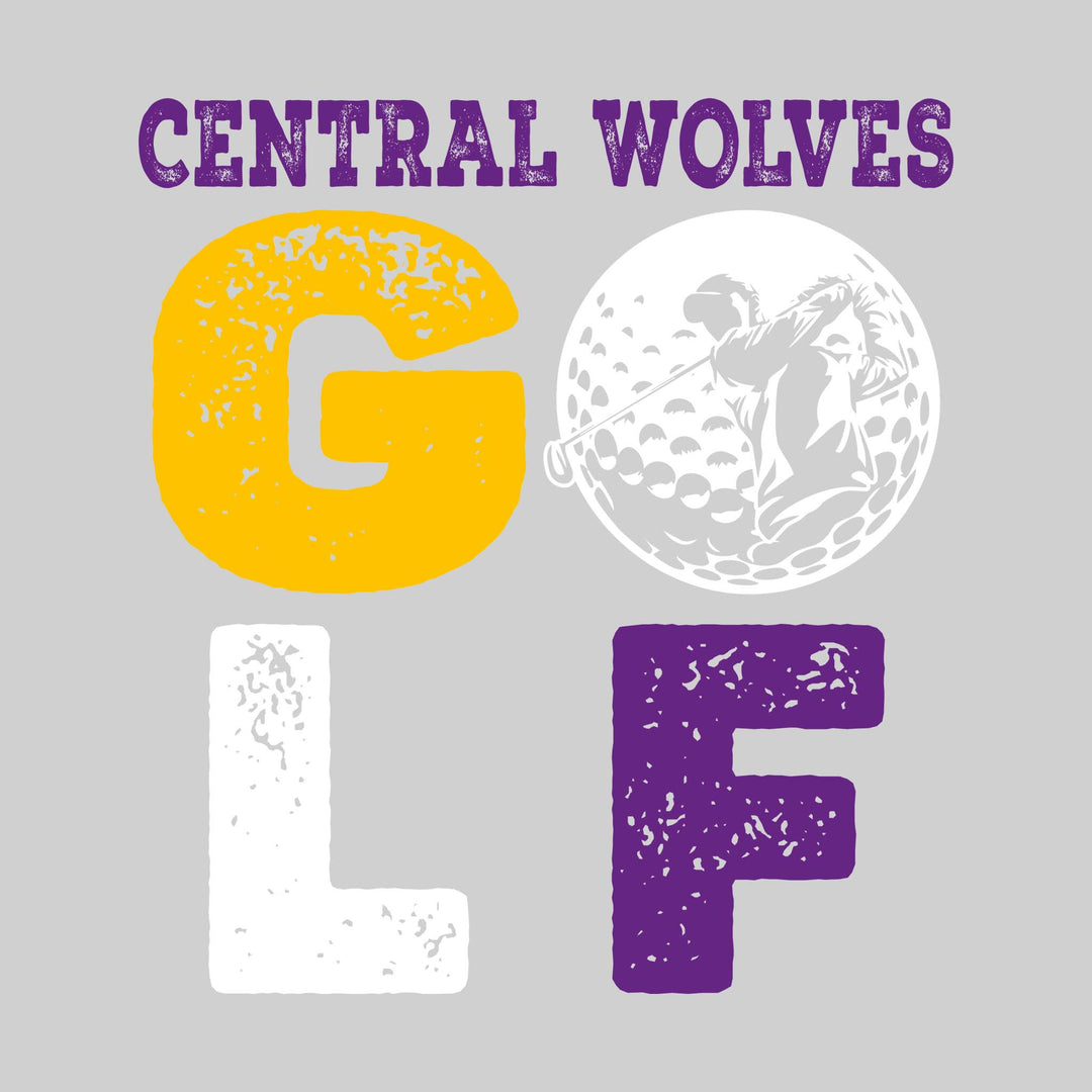 Central Wolves - Golf - Distressed Text with Male Golfer Silhouette in Golf Ball