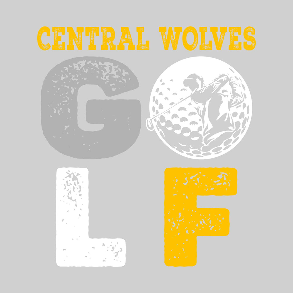 Central Wolves - Golf - Distressed Text with Male Golfer Silhouette in Golf Ball