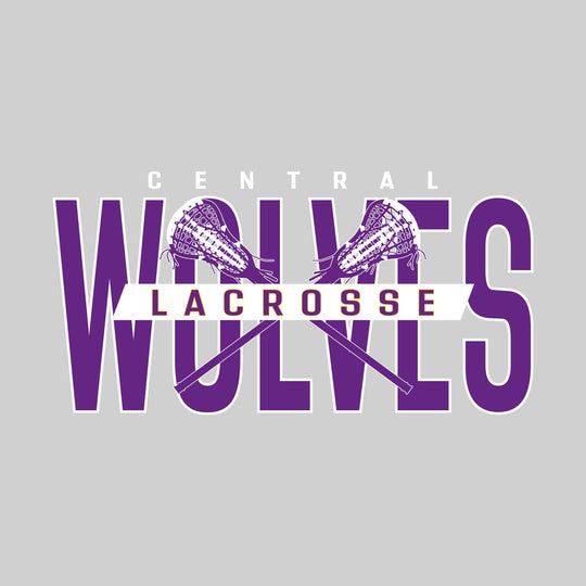 Central Wolves - Lacrosse - Oversized Text with Crossed Lacrosse Sticks