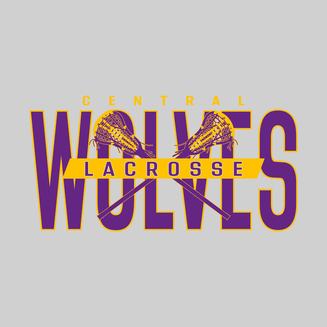 Central Wolves - Lacrosse - Oversized Text with Crossed Lacrosse Sticks