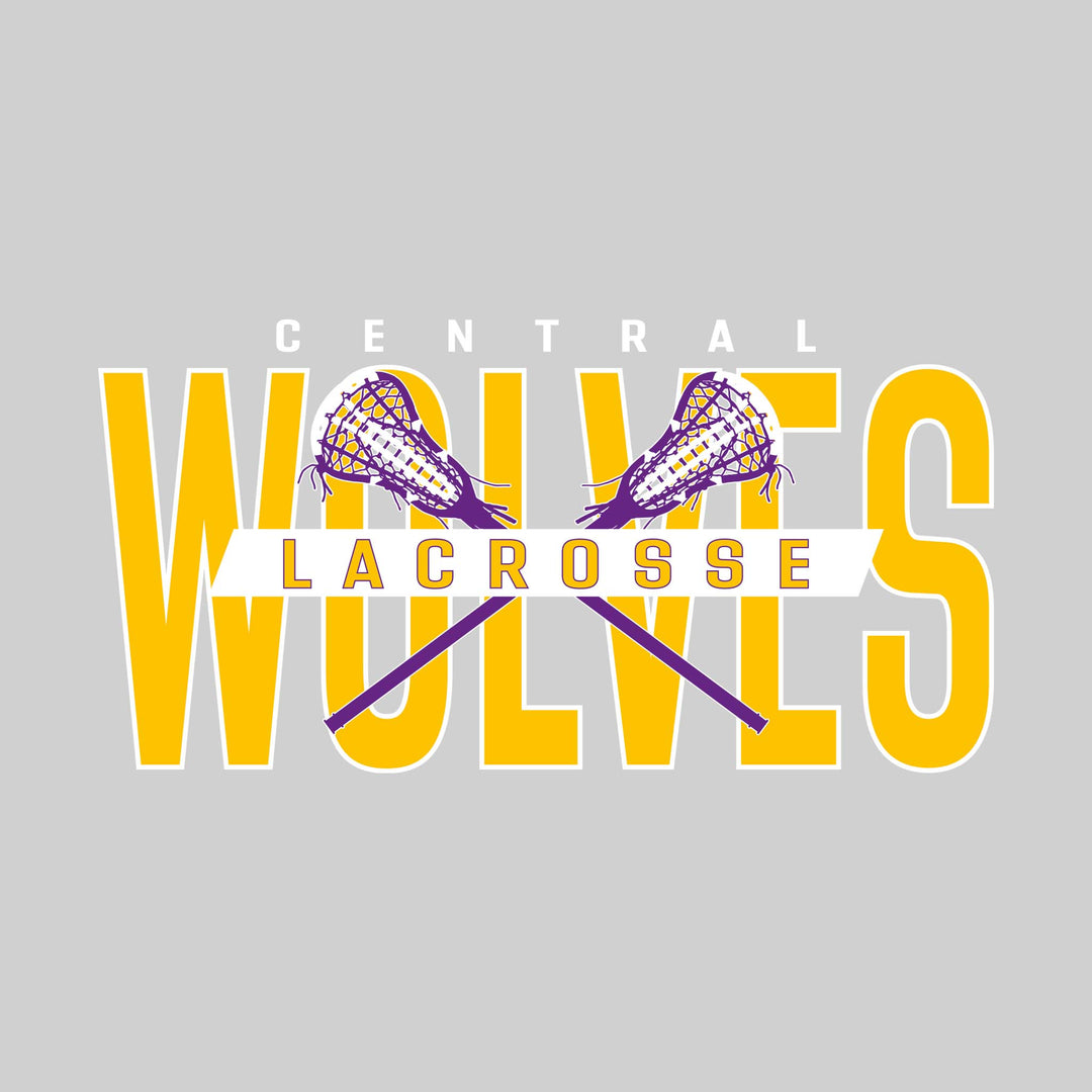 Central Wolves - Lacrosse - Oversized Text with Crossed Lacrosse Sticks