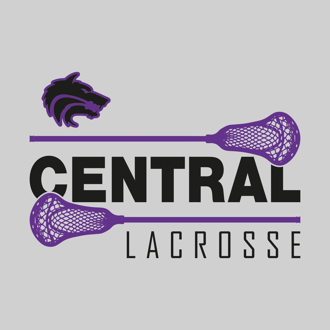 Central Wolves - Lacrosse - School Name Bracketed by Lacrosse Sticks with Mascot