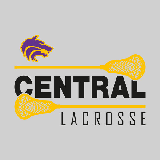 Central Wolves - Lacrosse - School Name Bracketed by Lacrosse Sticks with Mascot