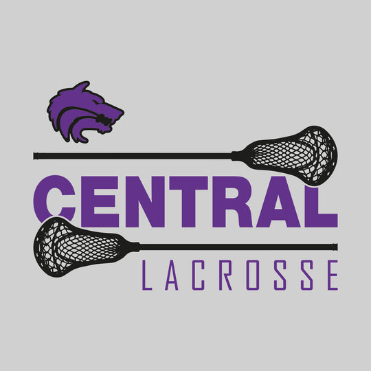 Central Wolves - Lacrosse - School Name Bracketed by Lacrosse Sticks with Mascot