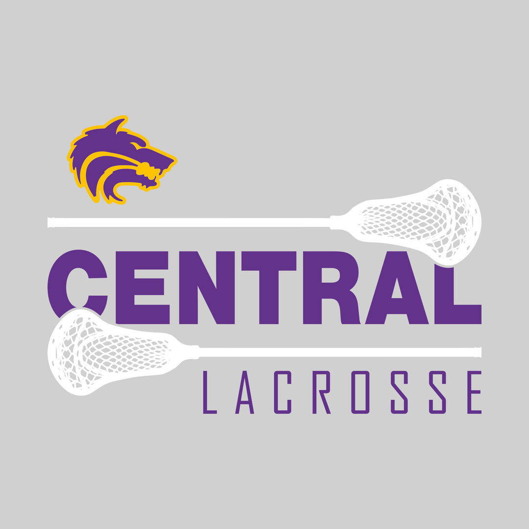 Central Wolves - Lacrosse - School Name Bracketed by Lacrosse Sticks with Mascot