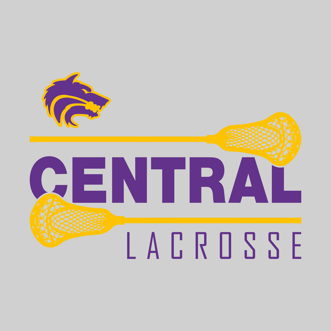 Central Wolves - Lacrosse - School Name Bracketed by Lacrosse Sticks with Mascot