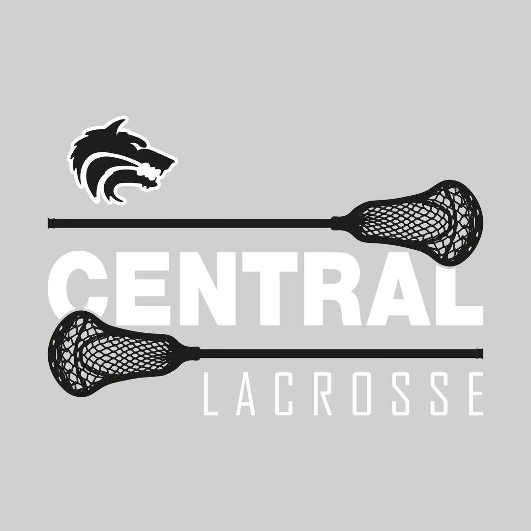 Central Wolves - Lacrosse - School Name Bracketed by Lacrosse Sticks with Mascot