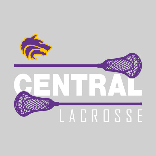 Central Wolves - Lacrosse - School Name Bracketed by Lacrosse Sticks with Mascot