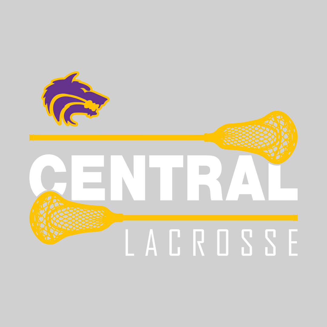 Central Wolves - Lacrosse - School Name Bracketed by Lacrosse Sticks with Mascot