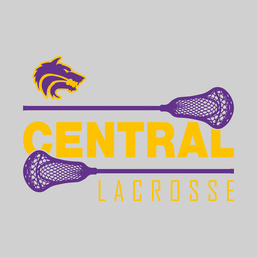 Central Wolves - Lacrosse - School Name Bracketed by Lacrosse Sticks with Mascot