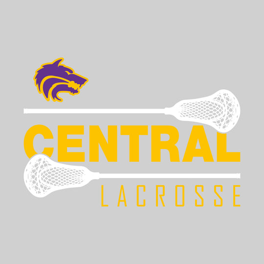 Central Wolves - Lacrosse - School Name Bracketed by Lacrosse Sticks with Mascot