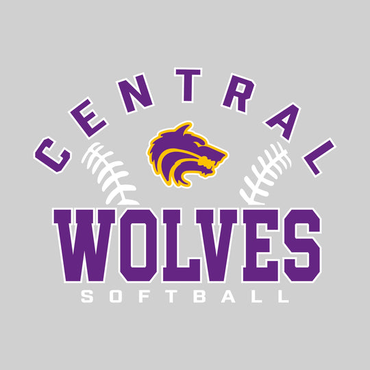 Central Wolves - Softball - Arched School Name with Softball Stitches &amp; Mascot