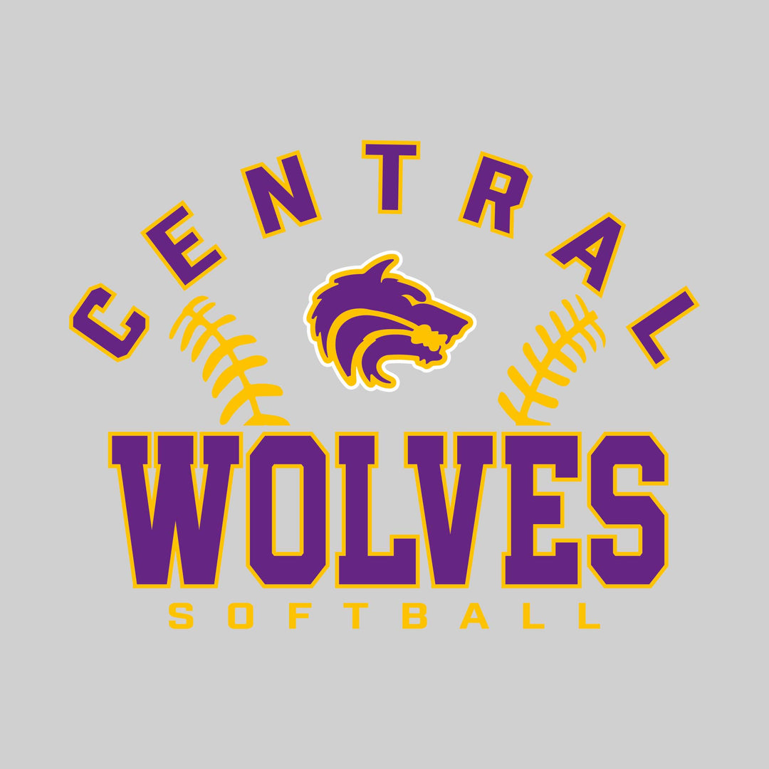 Central Wolves - Softball - Arched School Name with Softball Stitches &amp; Mascot
