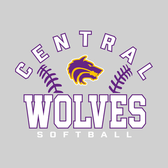 Central Wolves - Softball - Arched School Name with Softball Stitches &amp; Mascot