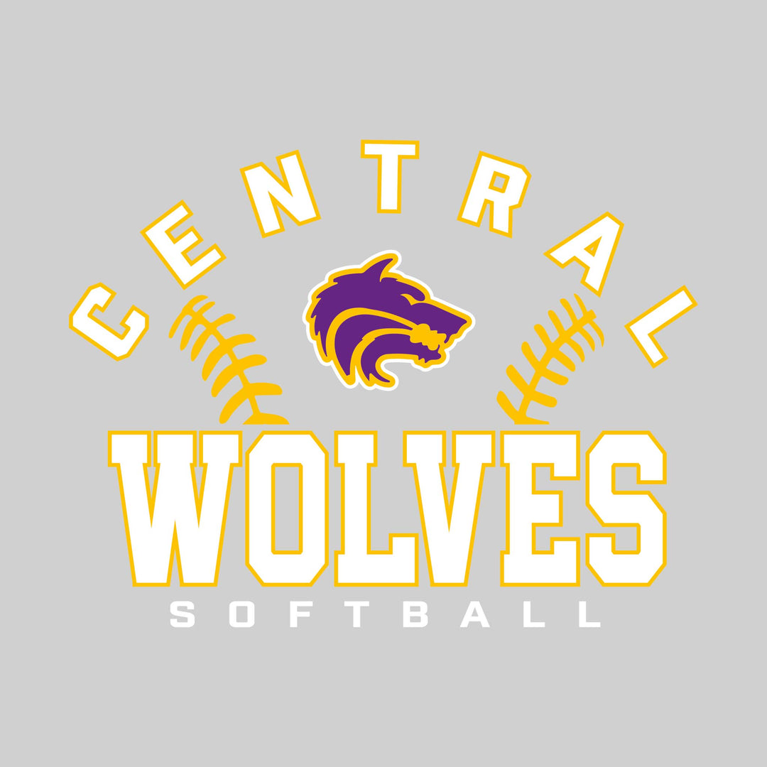Central Wolves - Softball - Arched School Name with Softball Stitches &amp; Mascot