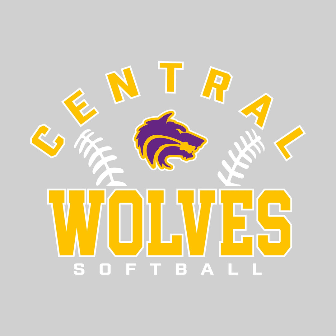 Central Wolves - Softball - Arched School Name with Softball Stitches &amp; Mascot