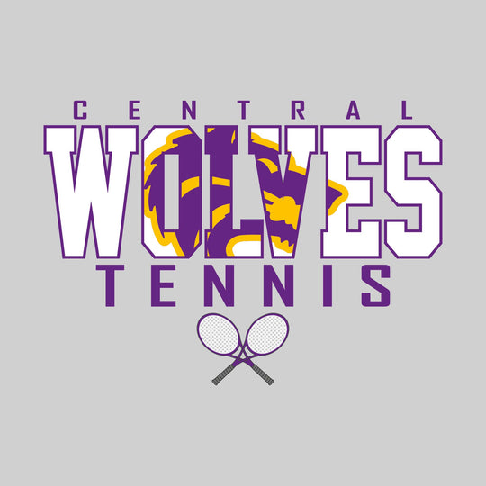 Central Wolves - Tennis - Outlined Wolves with Mascot Inset and Crossed Rackets