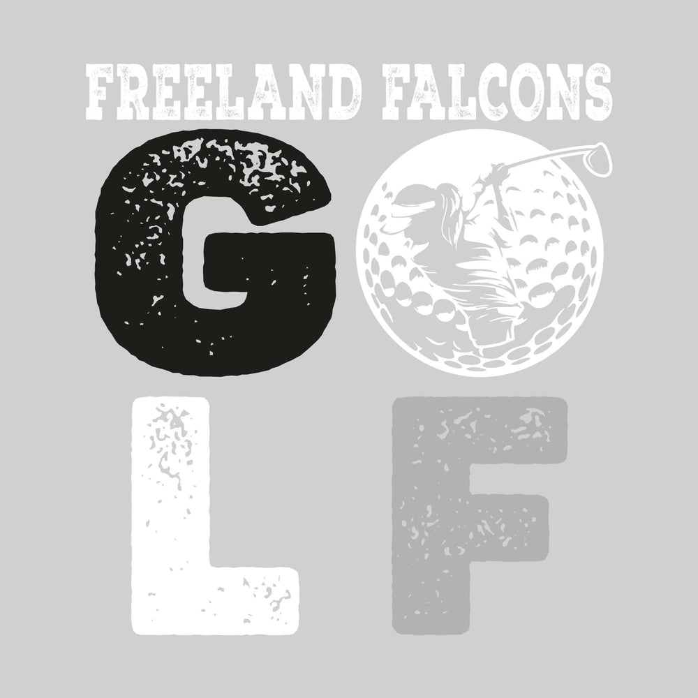 Freeland Falcons - Golf - Distressed Text with Female Golfer Silhouette in Golf Ball