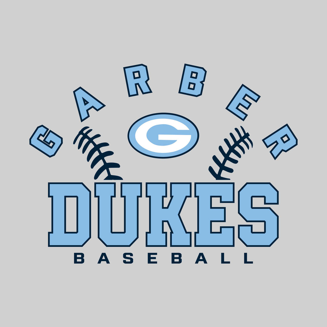 Garber Dukes - Baseball - Arched School Name with Baseball Stitches &amp; Mascot