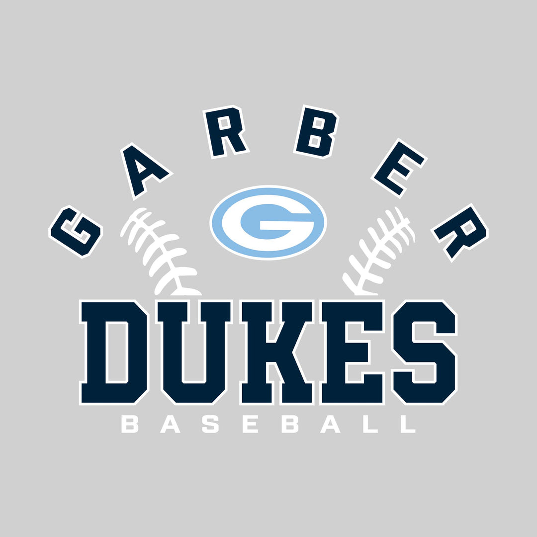 Garber Dukes - Baseball - Arched School Name with Baseball Stitches &amp; Mascot
