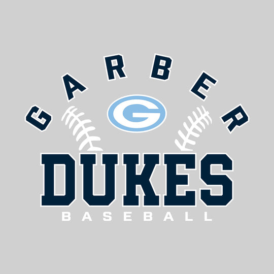Garber Dukes - Baseball - Arched School Name with Baseball Stitches &amp; Mascot