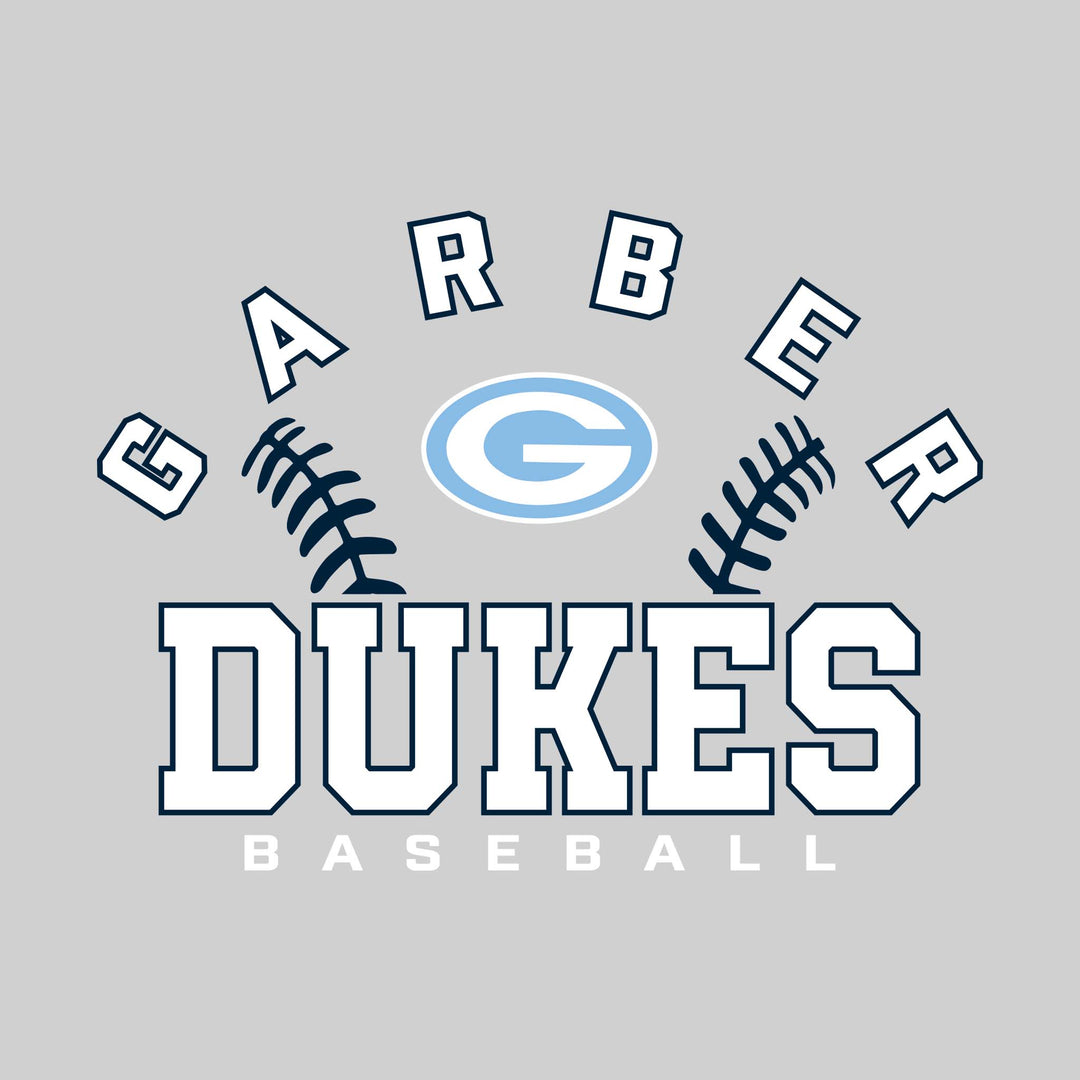 Garber Dukes - Baseball - Arched School Name with Baseball Stitches &amp; Mascot