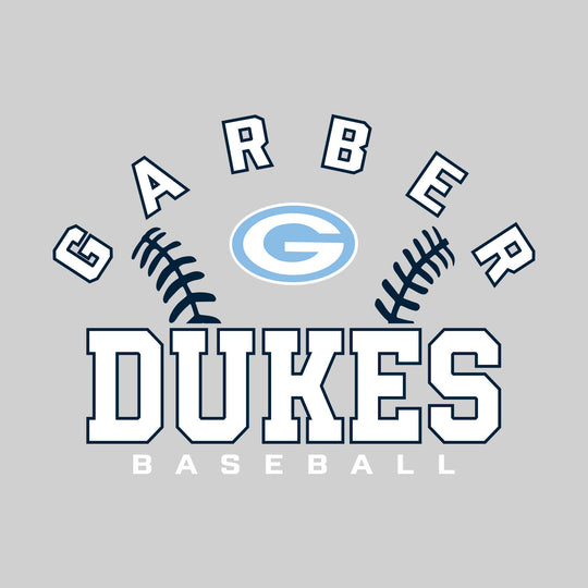 Garber Dukes - Baseball - Arched School Name with Baseball Stitches &amp; Mascot