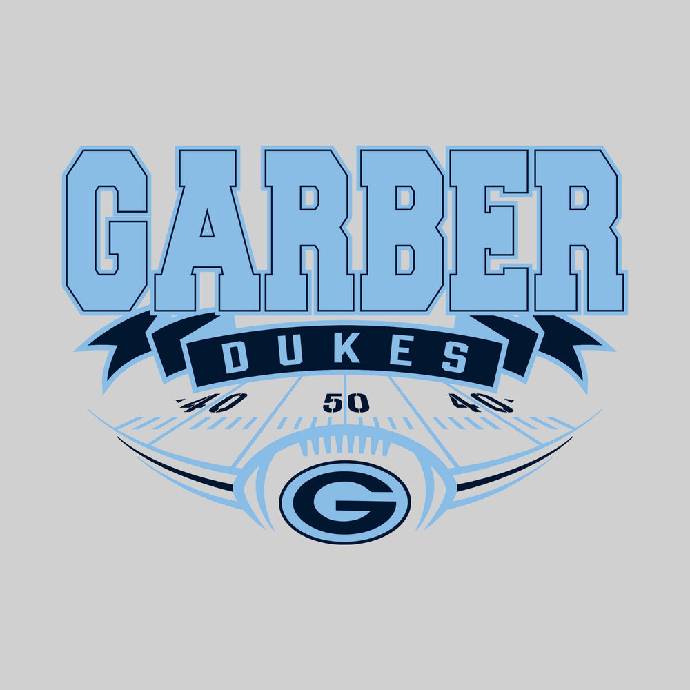 Garber Dukes - Football - School Name with Banner & Yard Lines - Carolina Blue & White