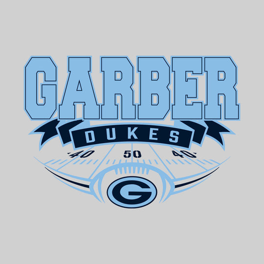 Garber Dukes - Football - School Name with Banner & Yard Lines - Carolina Blue & White