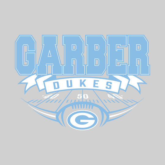 Garber Dukes - Football - School Name with Banner & Yard Lines - Carolina Blue & White