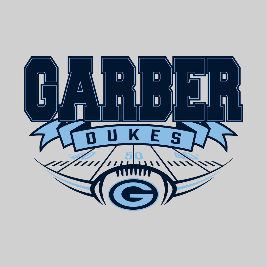 Garber Dukes - Football - School Name with Banner & Yard Lines - Carolina Blue & White