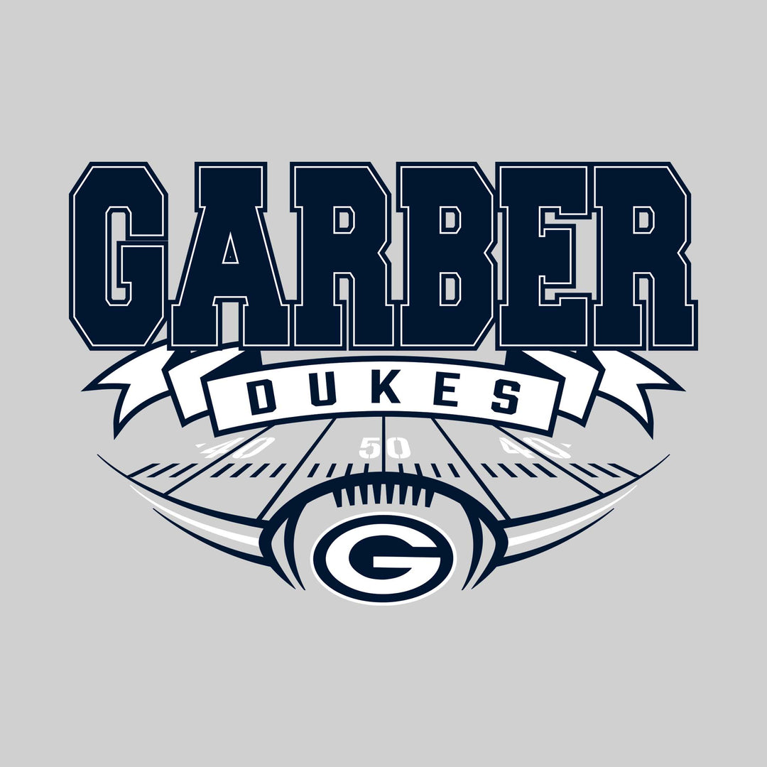 Garber Dukes - Football - School Name with Banner & Yard Lines - Carolina Blue & White
