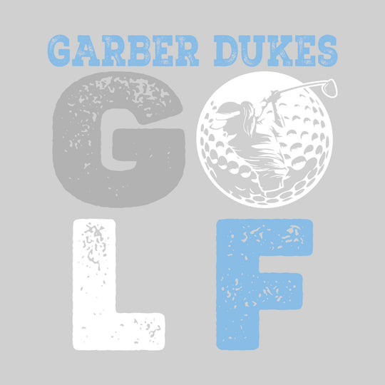 Garber Dukes - Golf - Distressed Text with Female Golfer Silhouette in Golf Ball