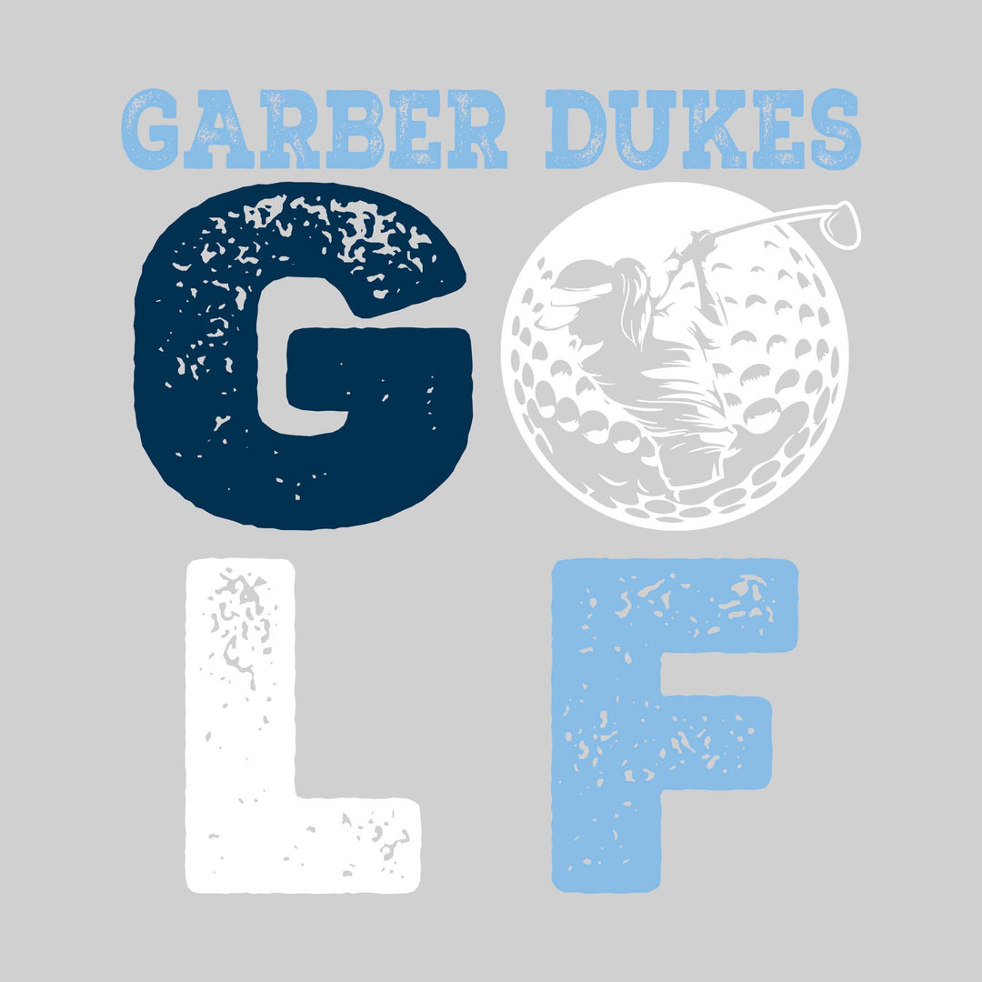 Garber Dukes - Golf - Distressed Text with Female Golfer Silhouette in Golf Ball