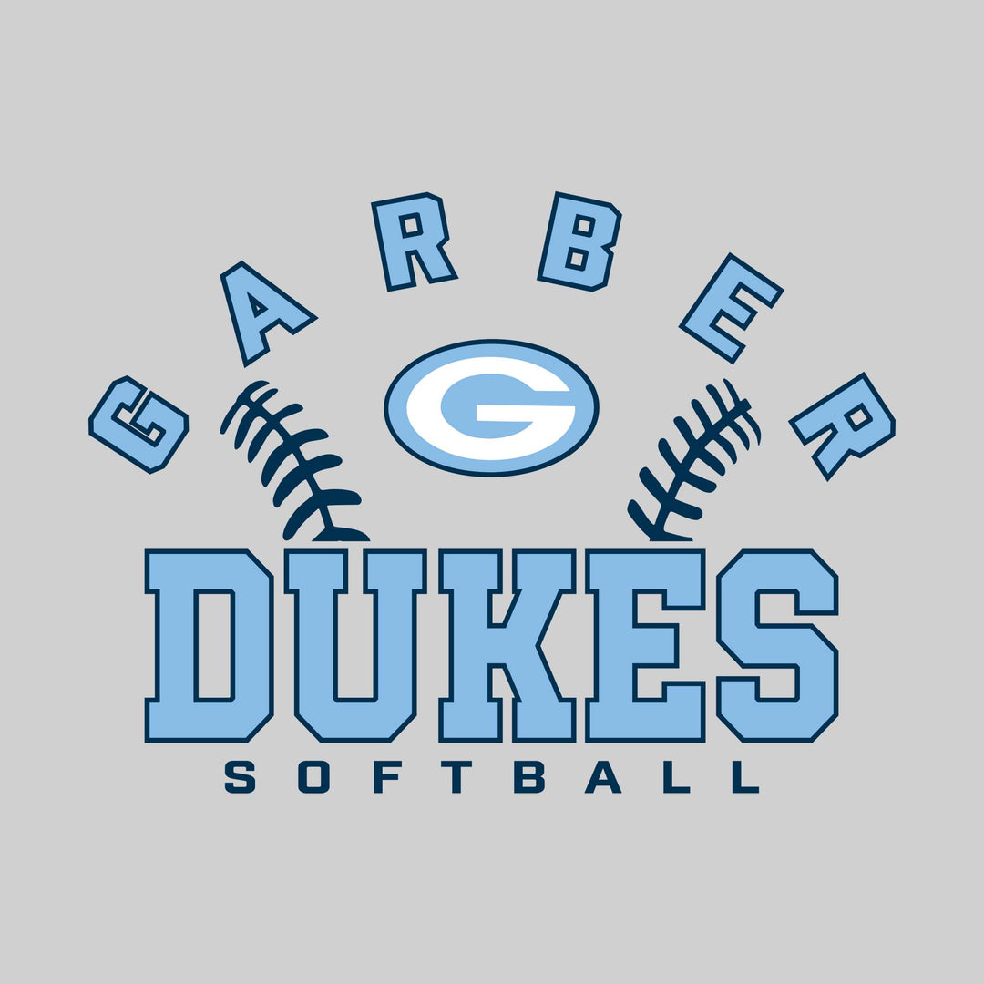 Garber Dukes - Softball - Arched School Name with Softball Stitches &amp; Mascot