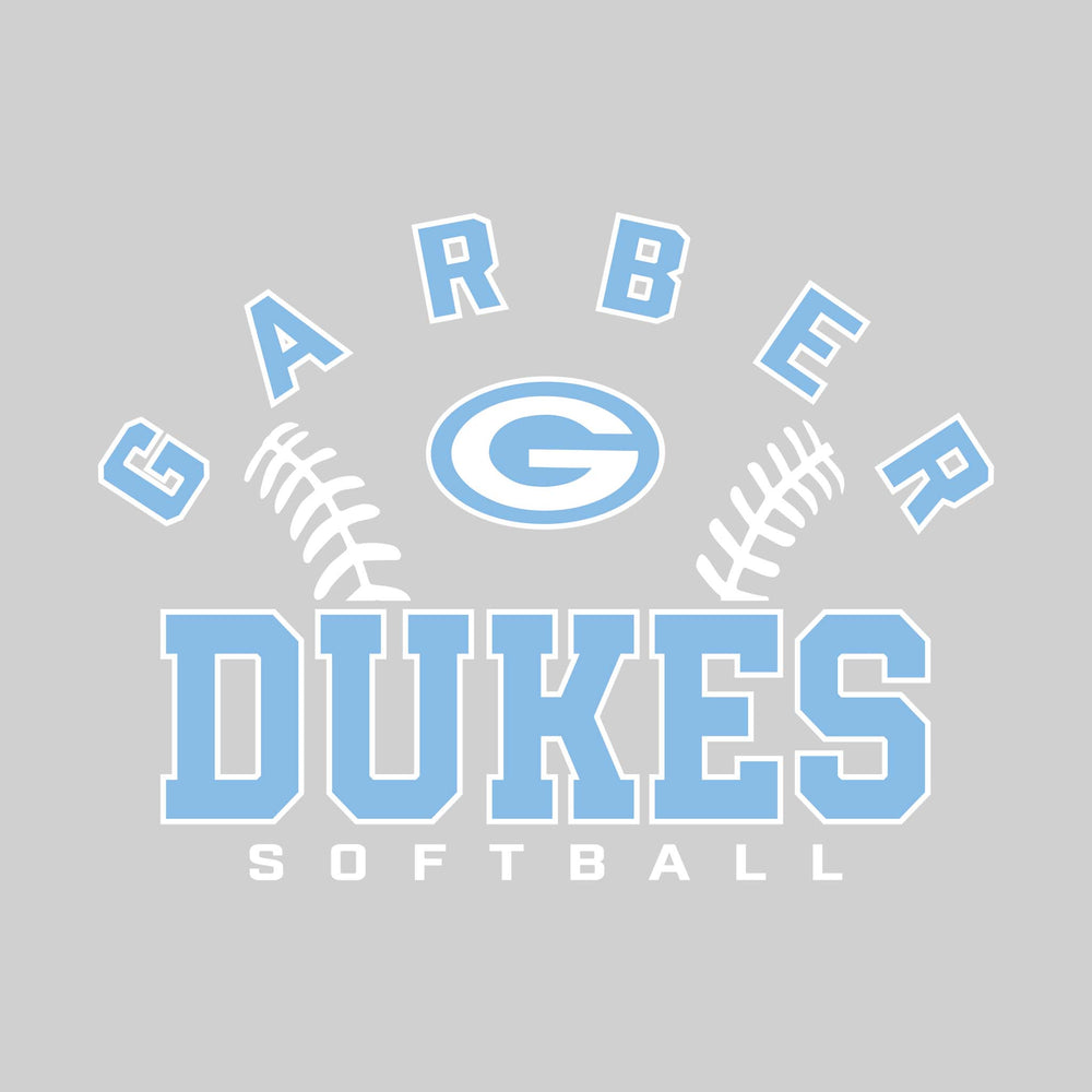 Garber Dukes - Softball - Arched School Name with Softball Stitches & Mascot