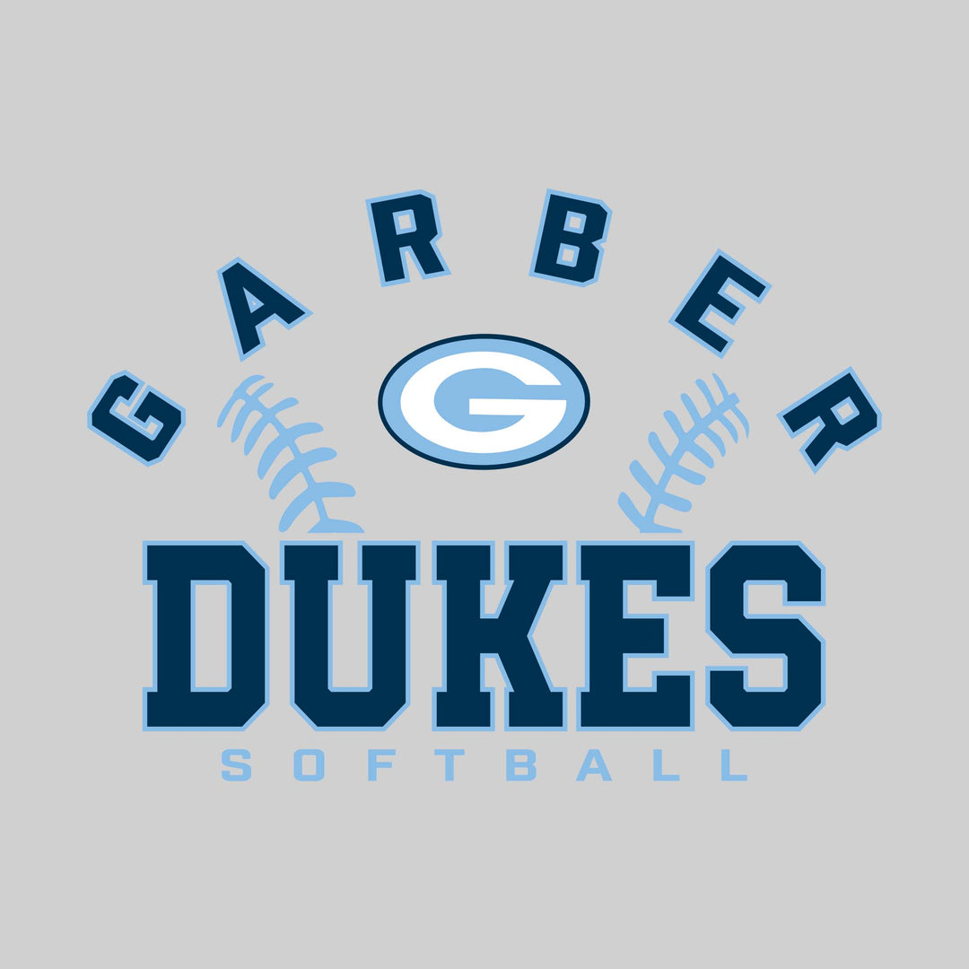 Garber Dukes - Softball - Arched School Name with Softball Stitches &amp; Mascot