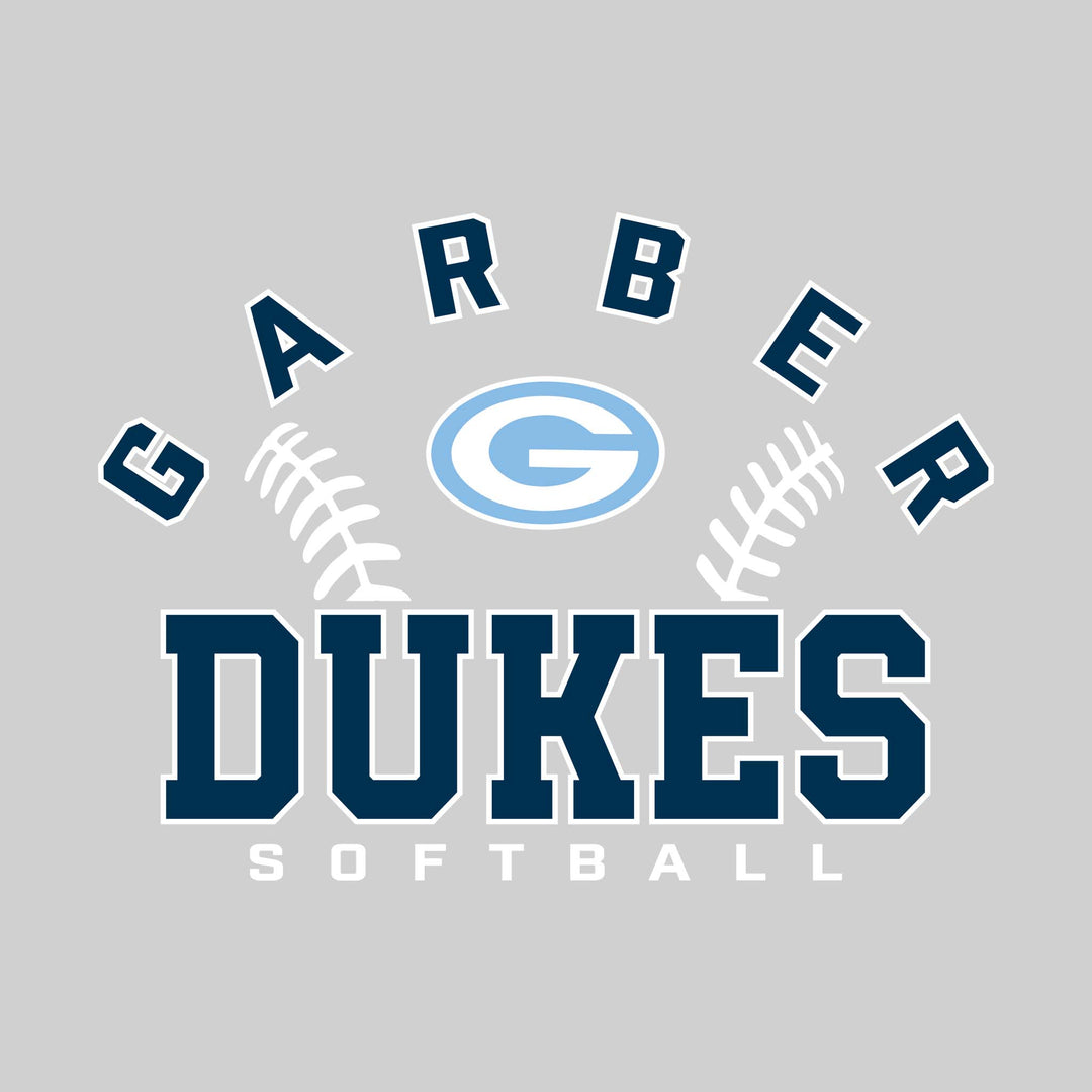 Garber Dukes - Softball - Arched School Name with Softball Stitches &amp; Mascot