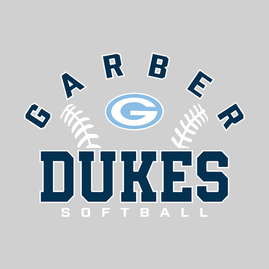 Garber Dukes - Softball - Arched School Name with Softball Stitches &amp; Mascot