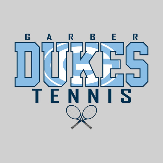 Garber Dukes - Tennis - Outlined Dukes with Mascot Inset and Crossed Rackets