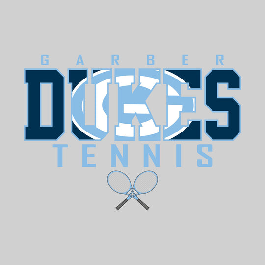 Garber Dukes - Tennis - Outlined Dukes with Mascot Inset and Crossed Rackets