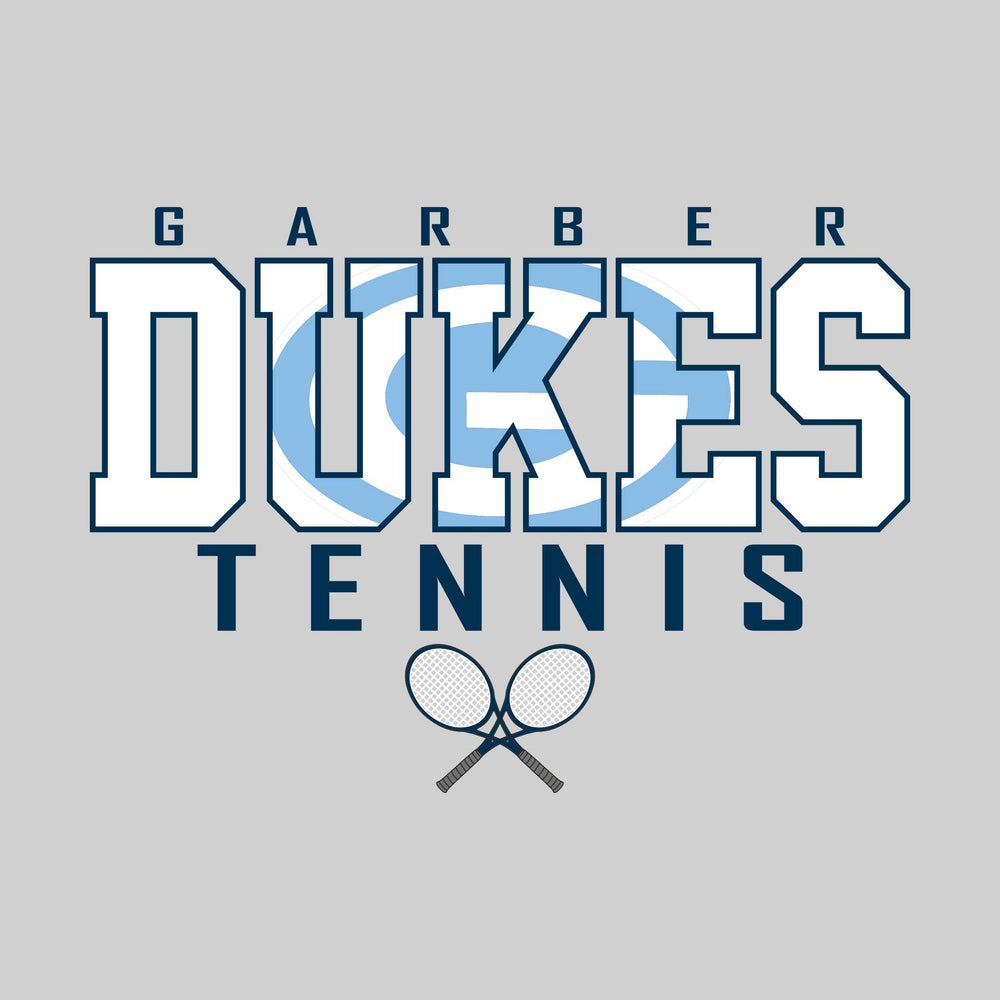 Garber Dukes - Tennis - Outlined Dukes with Mascot Inset and Crossed Rackets