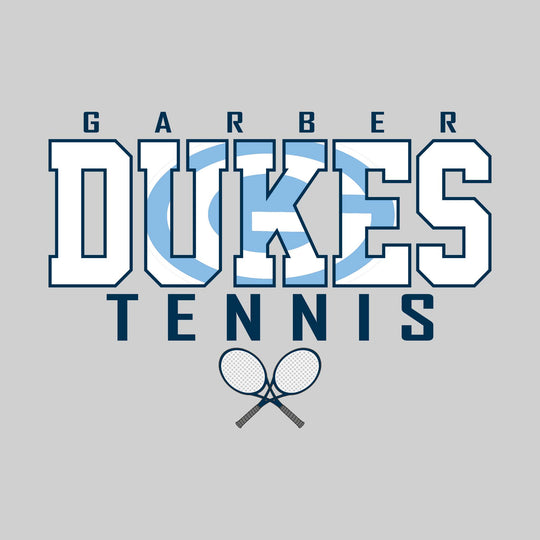Garber Dukes - Tennis - Outlined Dukes with Mascot Inset and Crossed Rackets