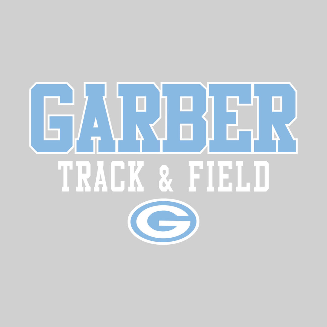 Garber Dukes - Track & Field - Outlined School Name Over Track & Field with Mascot